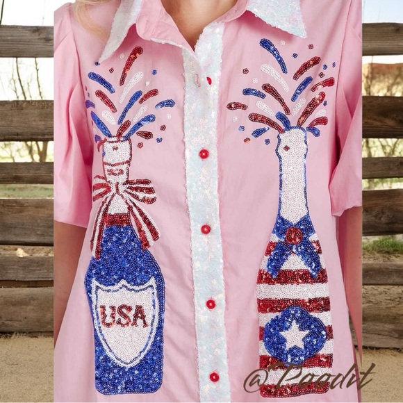 FANTASTIC FAWN pink puff sleeve patriotic dress S M L - Picture 6 of 11